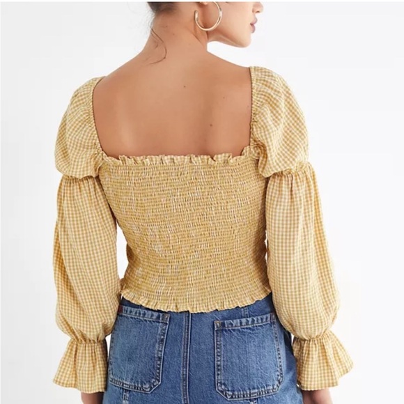 Urban Outfitters Yellow Ruffled Ruche Crop Top Smocked Long Sleeve Checkered S - Picture 2 of 14